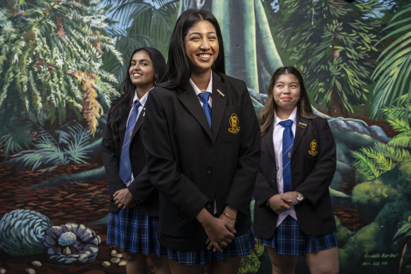 Penrith High students Milvia Mathew (school captain), Anitha Pillai (head prefect) and Cassidy Lauguico (SRC president).