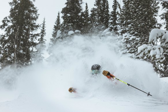 In deep in fresh powder snow at Jackson Hole.