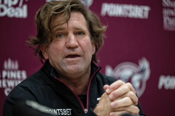 Sea Eagles coach Des Hasler during his “Pride jersey” press conference.