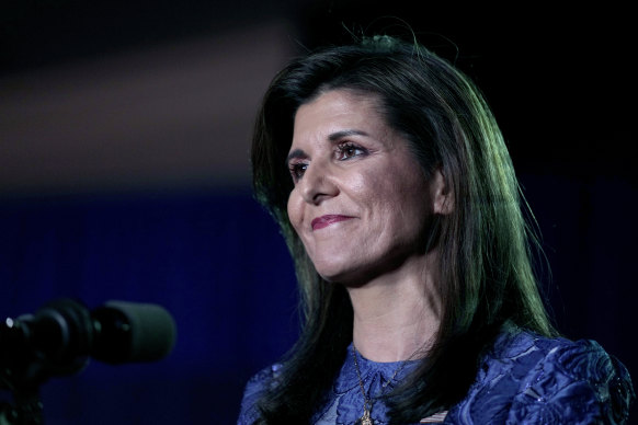 Republican presidential candidate and former US ambassador to the UN Nikki Haley speaks at a New Hampshire primary night rally in Concord.