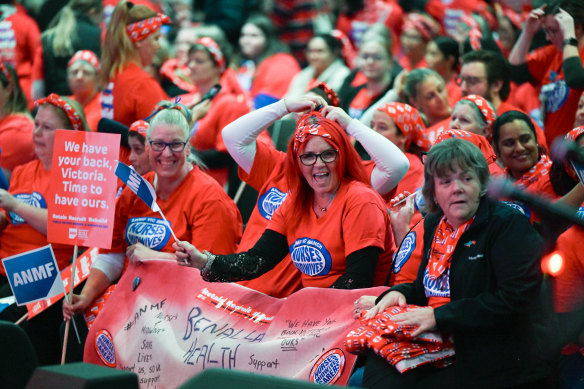 Nurses and midwives at the statewide meeting at Festival Hall on Monday.