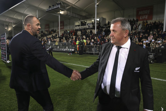 Cheika shakes the hand of All Blacks coach Ian Foster after Argentina beat New Zealand in Christchurch last year.