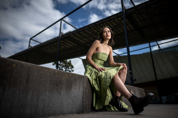 Model Liz Berry wearing Blundstone boots with an ensemble from Van der Kooij for Melbourne Fashion Festival.