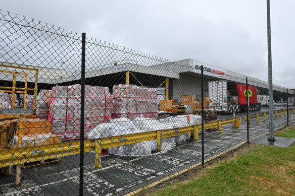 Qantas cargo being stored at Melbourne Airport on Wednesday.