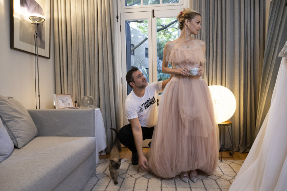 Logie nominee Bojana Novakovic  with stylist Mikey Ayoubi being fitted for the Logies in Steven Kahlil.