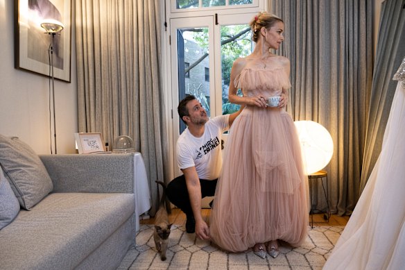 Logie nominee Bojana Novakovic  with stylist Mikey Ayoubi being fitted for the Logies in Steven Kahlil.