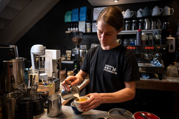 Edith Gilfedder, manager of Bowery to Williamsburg cafe, makes a magic coffee. 