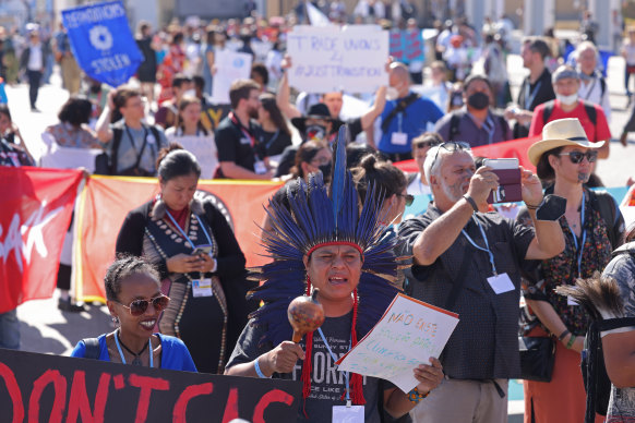 Protesters demonstrate over climate justice, loss and damage, fossil fuels, and other climate related issues at COP27. 