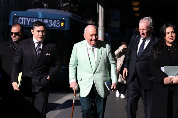 Alan Jones arrives at the Downing Centre Local Court on Friday.