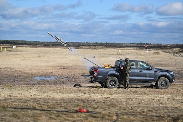 A Polish soldier activates a Merops in 2025.