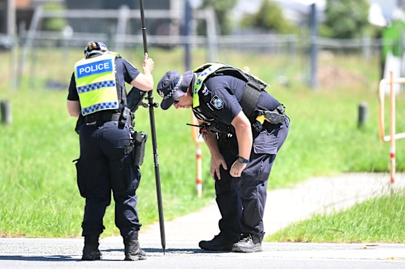 Police at the scene in Bannockburn where Seers was hit by a vehicle. The bodies of his partner and daughter were discovered shortly afterwards.