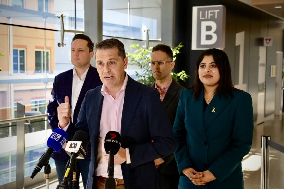 Minister for Health Ryan Park with Leppington MP Nathan Hagarty, NSW Treasurer Daniel Mookhey and Liverpool MP Charishma Kaliyanda at Liverpool Hospital on Sunday.