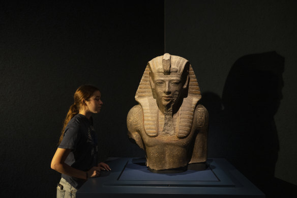 A granite bust of Mernepth at the Ramses & the Gold of the Pharaohs exhibition at the Australian Museum.