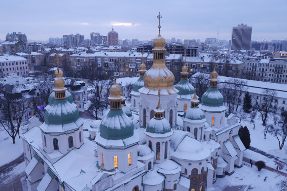 Snow sits atop Kyiv’s Saint Sophia Cathedral, whose origins date to the 11th century.