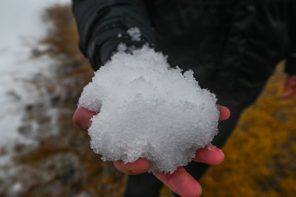 A snowball from machine-made snow at Mount Buller. 