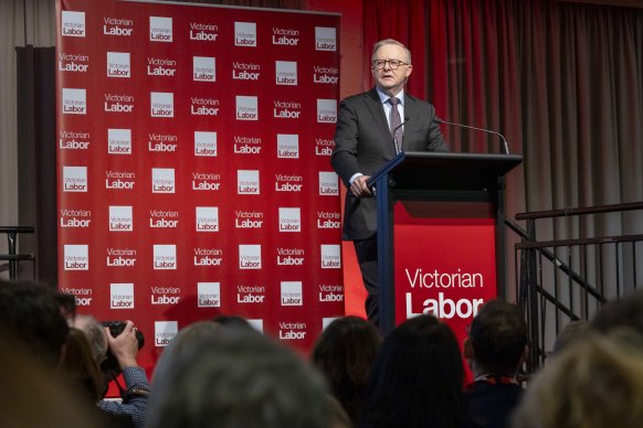 Prime Minister Anthony Albanese delivers a speech at Victorian Labor’s state conference in May.