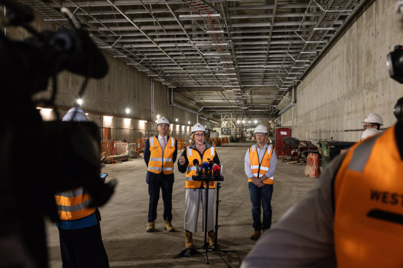 Premier Jacinta Allan speaks to the media during her visit to the West Gate Tunnel project on Monday.