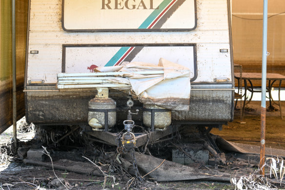 Damaged caravans at the Barmah Bridge Caravan Park.