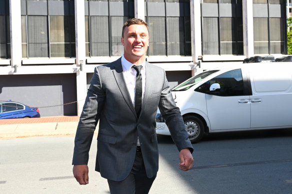 South Sydney recruit Jack Wighton was all smiles arriving at court on Monday.