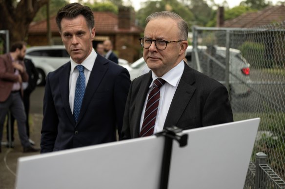 NSW Premier Chris Minns (left) and Prime Minister Anthony Albanese spoke in south Sydney this morning.