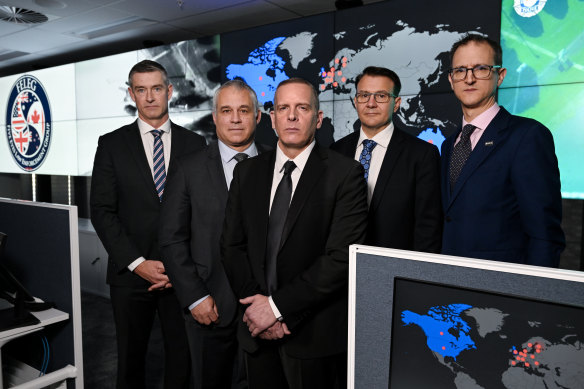 Five Eyes Law Enforcement Group (from left): New Zealand Police commissioner Andrew Coster, Royal Canadian Mounted Police commissioner Mike Duheme, FBI  deputy director Paul Abbate, AFP  Commissioner Reece Kershaw and  UK National Crime Agency director general Graeme Biggar.