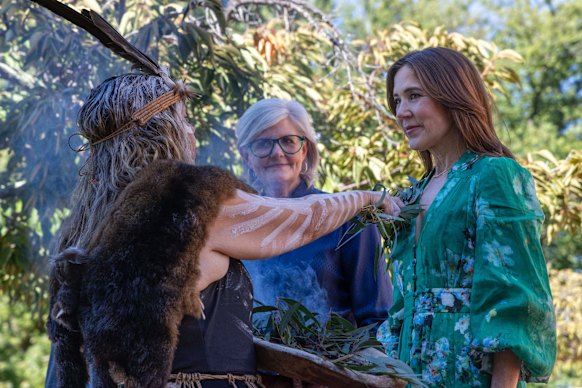 Mary wore a green dress by Australian designer Zimmerman to a smoking ceremony in Canberra on Monday.