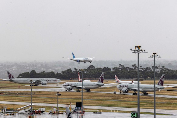 Emirates and Qatar airlines planes grounded at Melbourne Airport due to the strikes on Iran by the US and Israel.