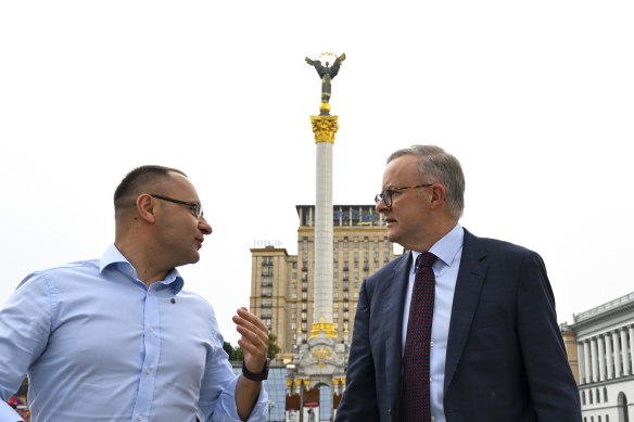 Myroschnychenko speaks with Prime Minister Anthony Albanese during a visit to Kyiv in July last year.