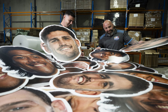 Sports Heads owners, Jake Fenech and Enzo Montana with some of the large cut-outs of players.