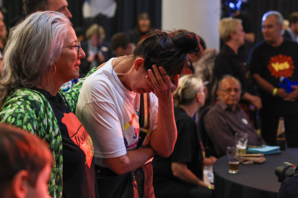 A Yes supporter reacts the  inner west ‘Yes2023’ official referendum function on October 14, 2023.