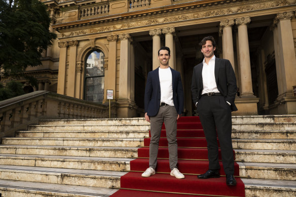 Zann Maxwell and Lyndon Gannon, candidates for the City of Sydney mayoral election, outside Sydney Town Hall.