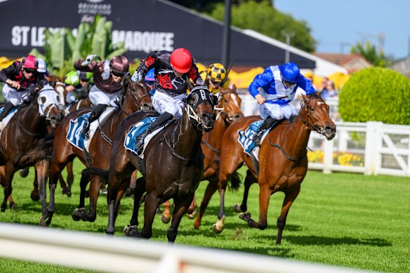 Cosmic Fire, carrying the red and black colours, wins the Queensland Day Stakes in 2025 at Eagle Farm.