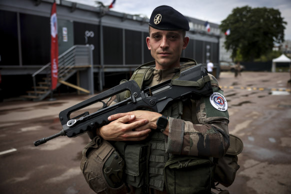 A French soldier at a military camp set up in the Vincennes woods, just outside Paris, housing troops used for Paris security.