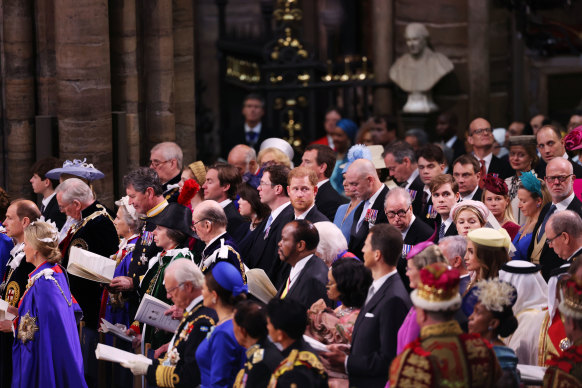 Prince Harry, Duke of Sussex during the coronation ceremony in Westminster Abbey.