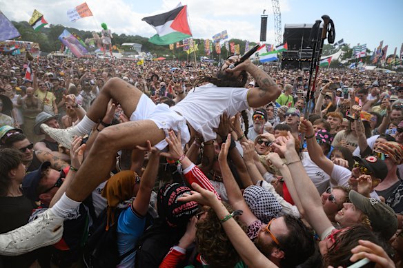 Bobby Vylan of Bob Vylan crowdsurfing at Glastonbury, where the anti-IDF chant was heard.