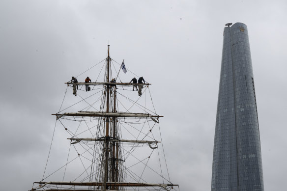 Riggers on Thursday getting the James Craig ready for the 150 year celebrations.