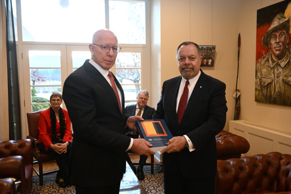 Royal Commission chair Nick Kaldas and fellow commissioners James Douglas and Peggy Brown deliver an interim report on Defence and veteran suicide to Governor-General David Hurley.