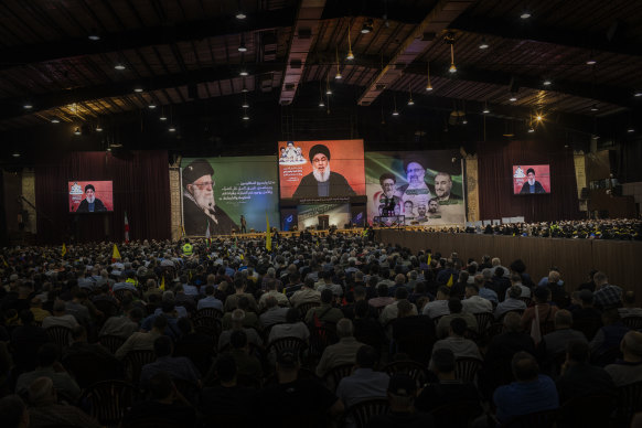 Watching a speech by Hassan Nasrallah, Hezbollah’s leader, in Beirut,.