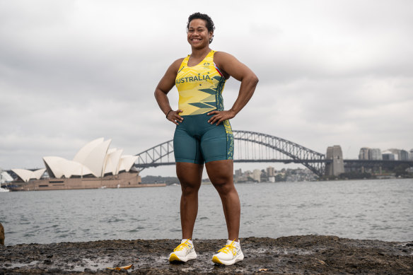 Weightlifting Olympics hopeful Eileen Cikamatana models the uniform for Paris.