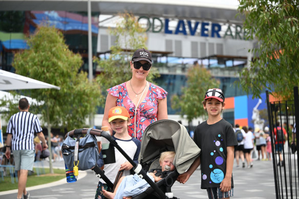 Edwina Swierc, 34, of Brighton East, brought her three young children Teddy, 7, Josh, 5, and Zac, 1, along to Day 1 of the Australian Open.