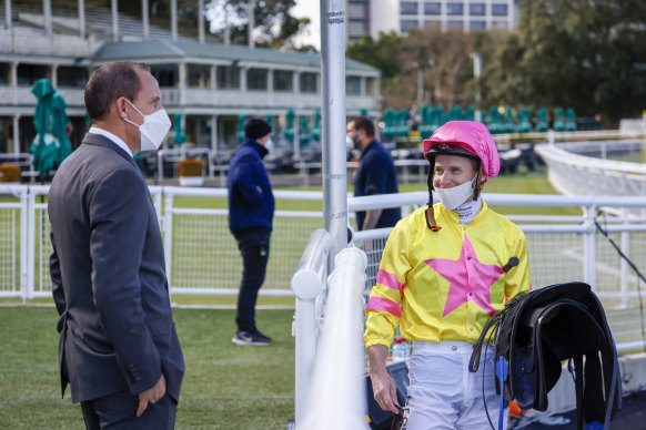 Chris Waller and James McDonald after the win of So Wicked at Randwick on Saturday.