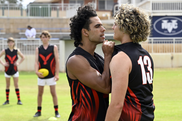 Hammer (Zach Blampied, left) hides his sexuality behind a shield of hyper-aggressive masculinity.