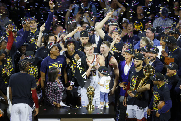 Nikola Jokic is presented the Bill Russell NBA Finals Most Valuable Player Award.