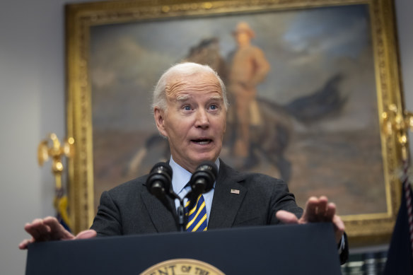 President Joe Biden speaks in the Roosevelt Room at the White House in Washington.