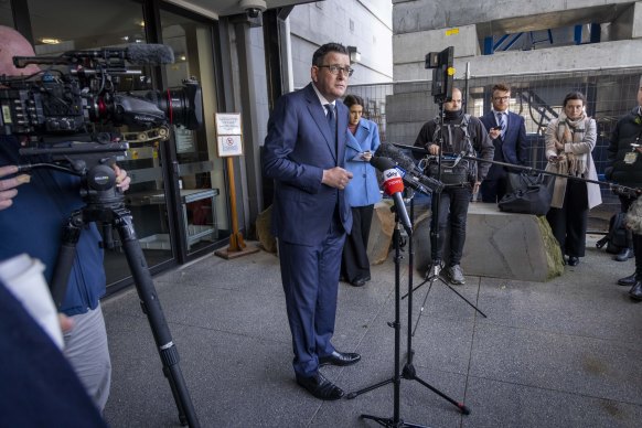 Premier Daniel Andrews speaks to journalists at one of his regular press conferences.