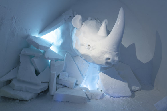 A rhinoceros sculpture in the “Whoops Wrong Room!!” Suite.

