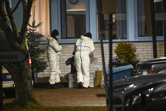 Emergency services work at the scene of shooting at Campus Risbergska School, in Orebro, Sweden.