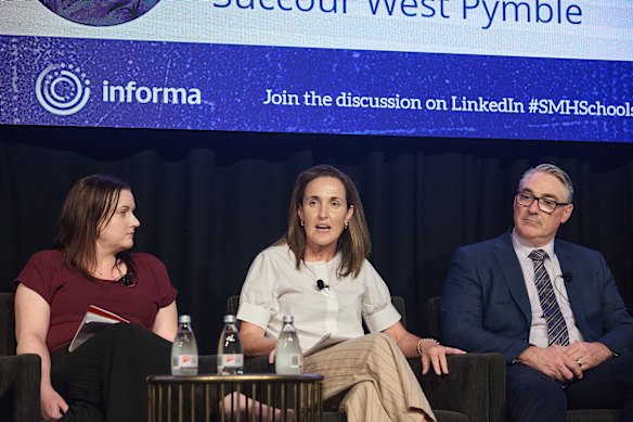 A panel at today’s summit discussing how the education sector will navigate the transformation of teaching and learning in a rapidly changing world. Deirdre Farrar, Mount St Benedict College, Alison Perosin, Our Lady of Perpetual Succour West Pymble, and Tim Lloyd, Plumpton High School.