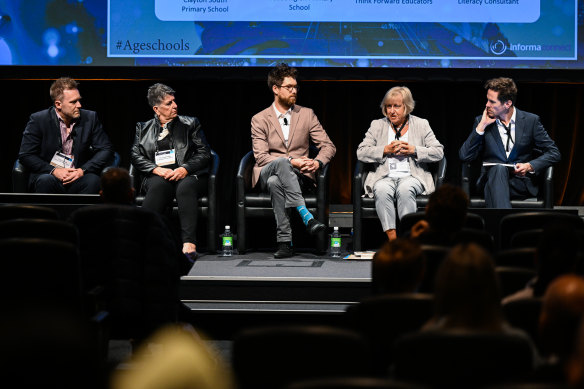 (Left to right) Clayton South Primary principal Greg Clement, Meadowglen principal Dr Loretta Piazza, founder of Think Forward Educators Dr Nathaniel Swain, and literary consultant Diane Snowball, in a panel moderated by Education Editor Adam Carey.
