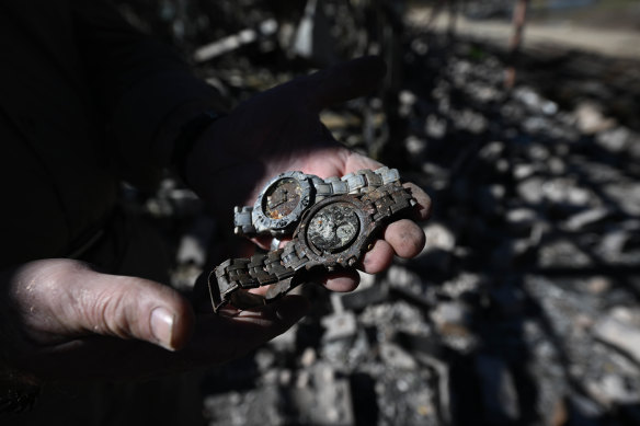 Two watches Henricksen pulled from the ashes of his house. He still hopes to find a missing gold ring.